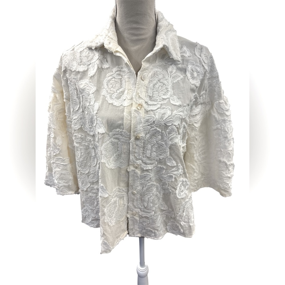 100 % Cotton Current Air Floral Embroidered Cotton 3/4 Bell Sleeve Jacket Size M